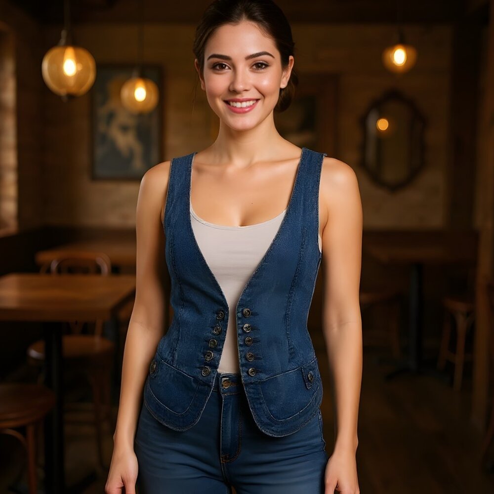 RARE HTF James Jeans Fitted Vest Dry Aged Denim Apron Back